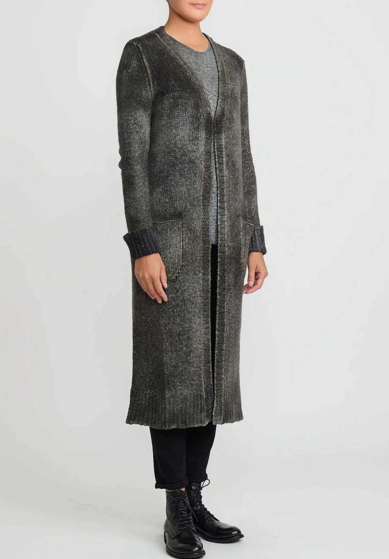 Avant Toi Hand-Painted Cashmere & Wool Long Cardigan In Nero Mushroom Grey