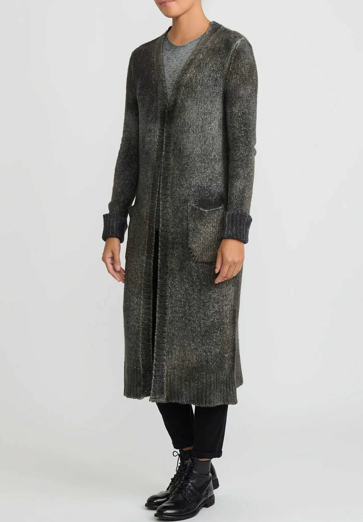 Avant Toi Hand-Painted Cashmere & Wool Long Cardigan In Nero Mushroom Grey