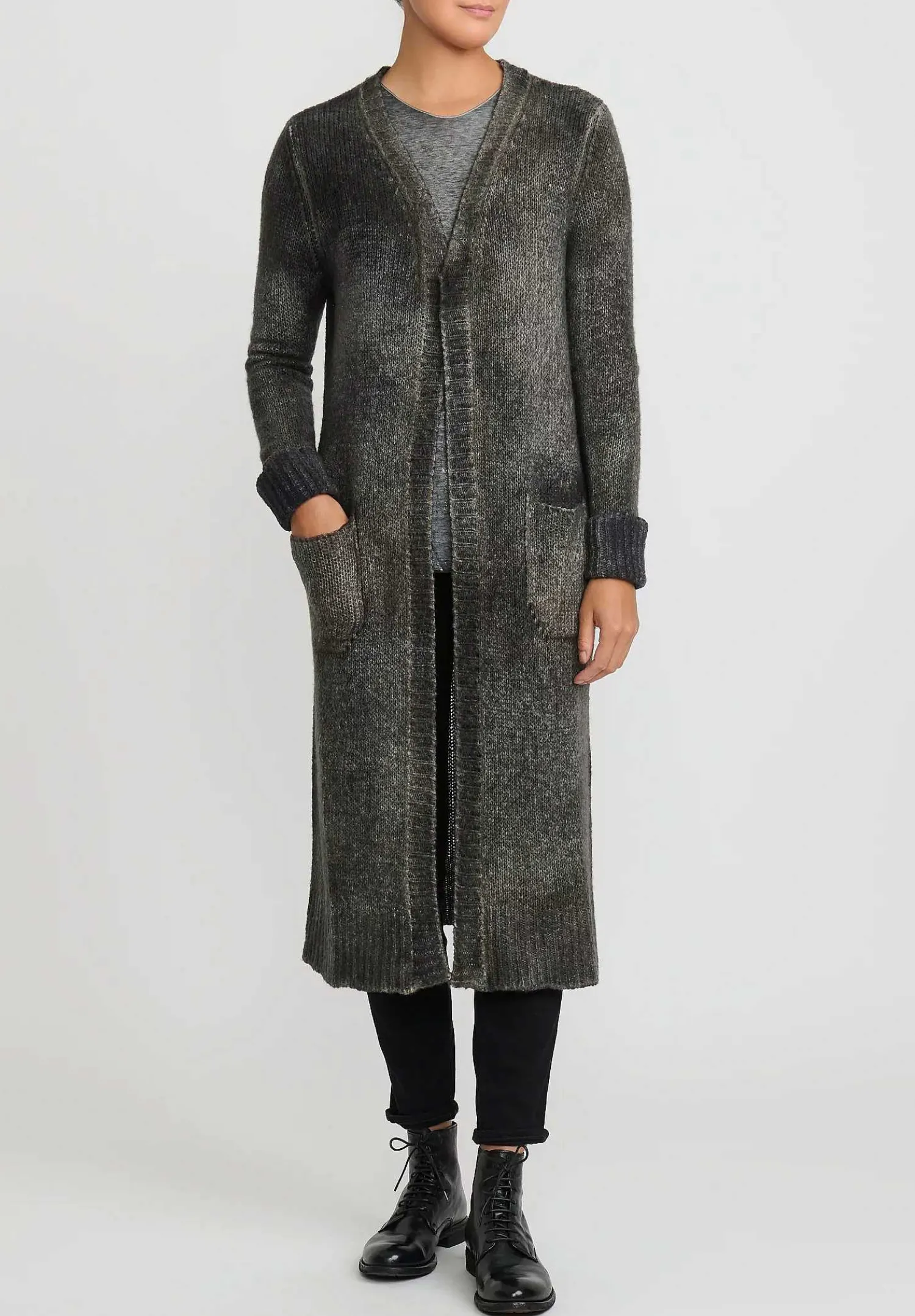 Avant Toi Hand-Painted Cashmere & Wool Long Cardigan In Nero Mushroom Grey
