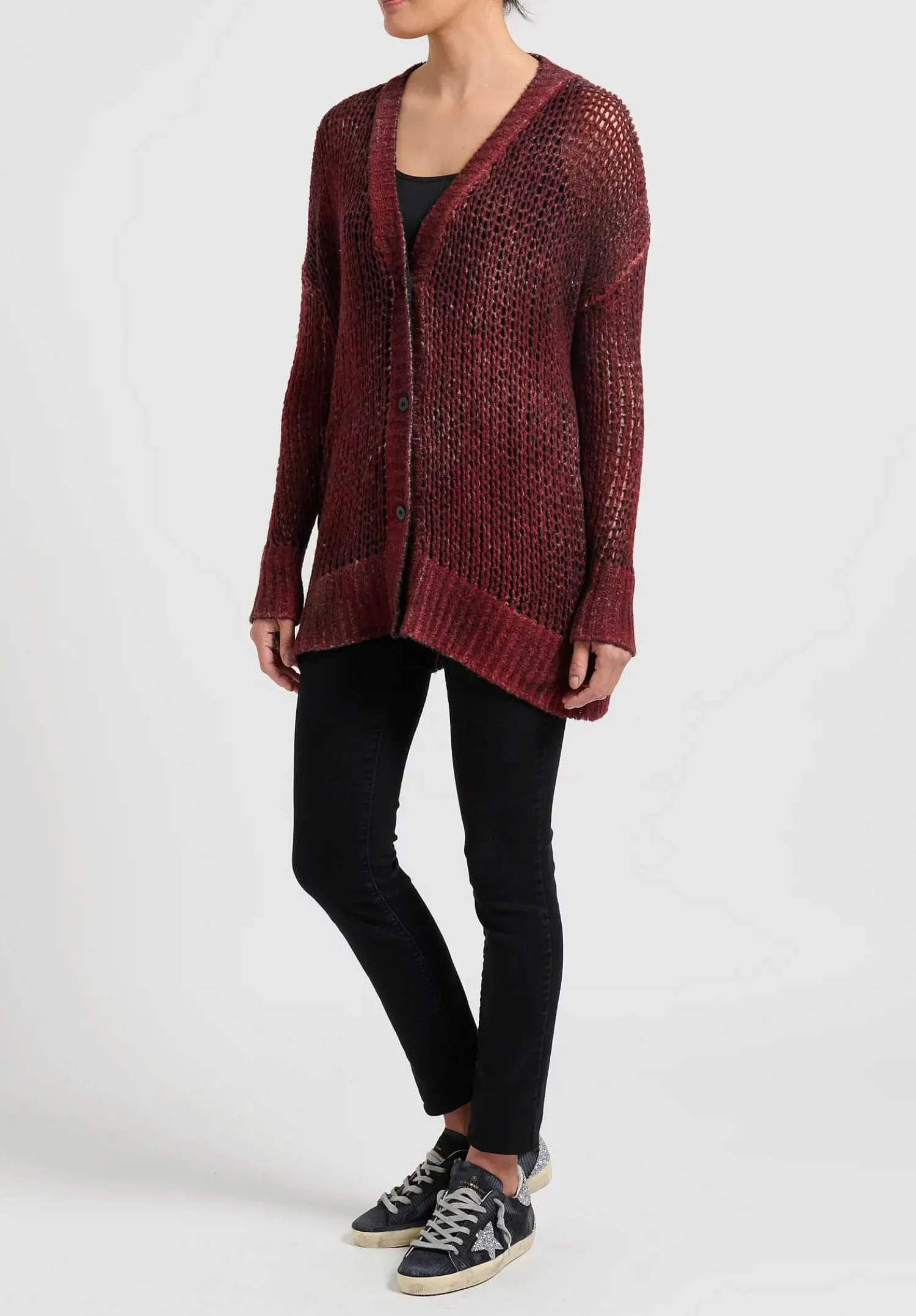 Avant Toi Hand-Painted Loose Knit Cardigan In Nero Fire Red