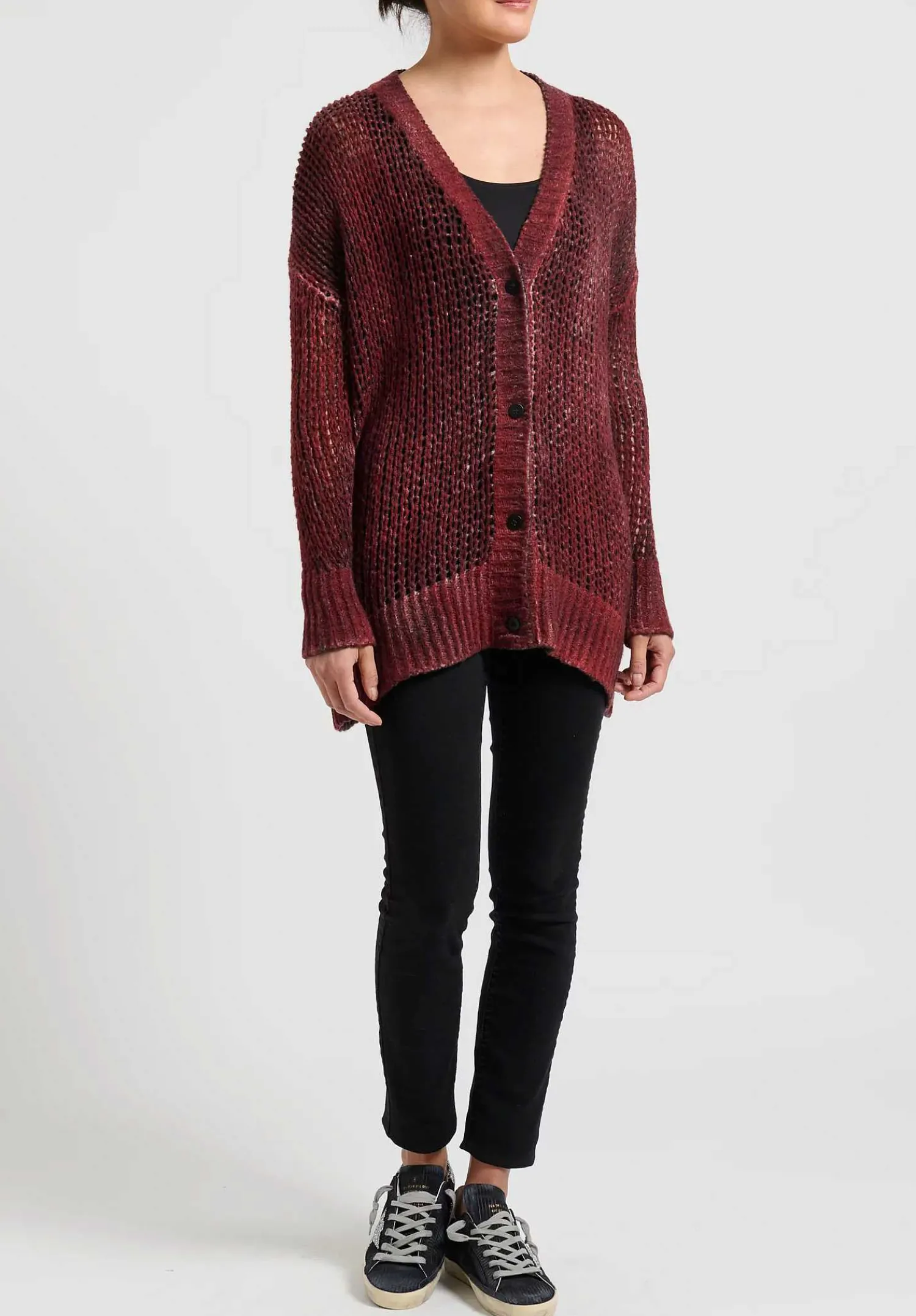 Avant Toi Hand-Painted Loose Knit Cardigan In Nero Fire Red