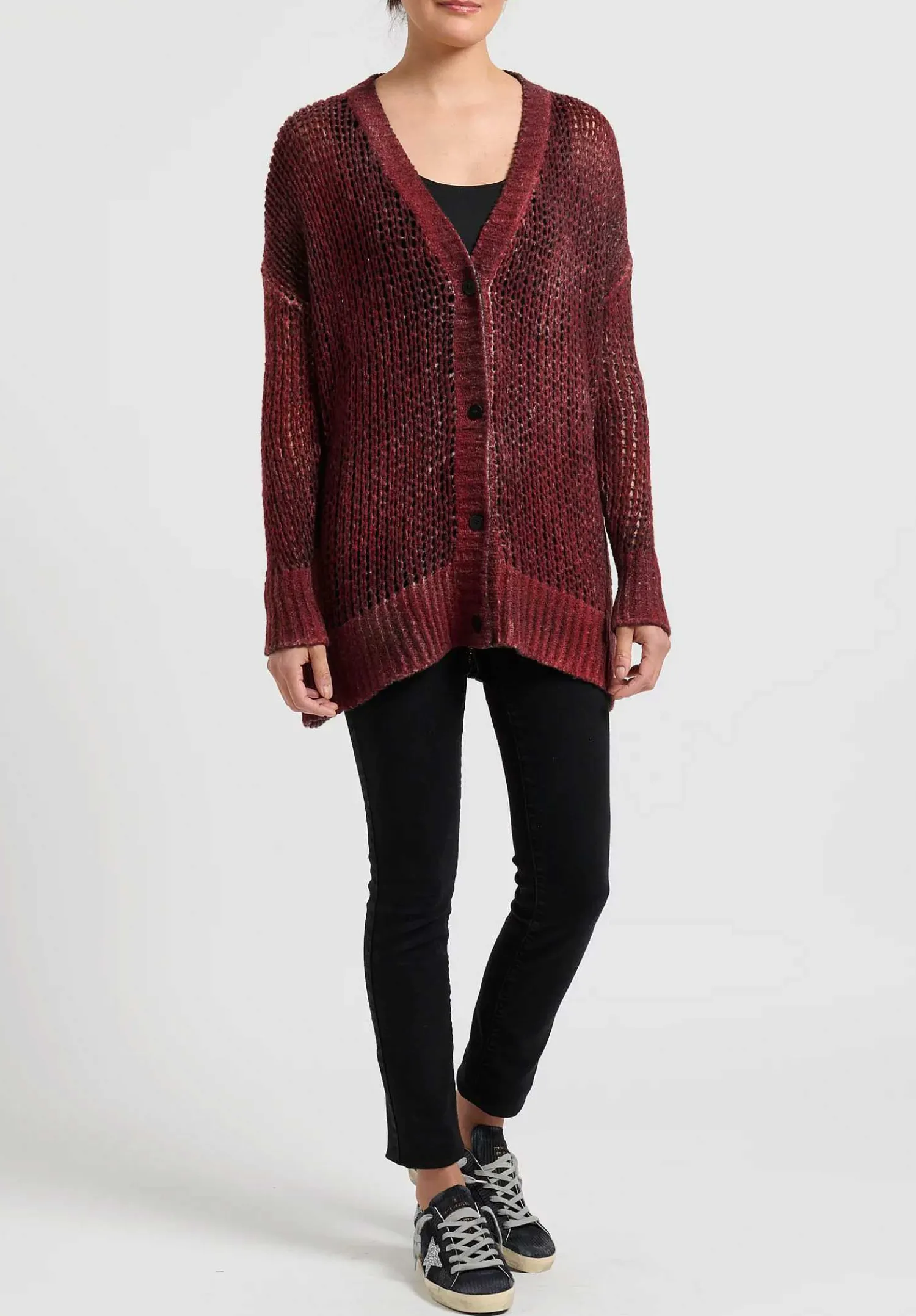 Avant Toi Hand-Painted Loose Knit Cardigan In Nero Fire Red