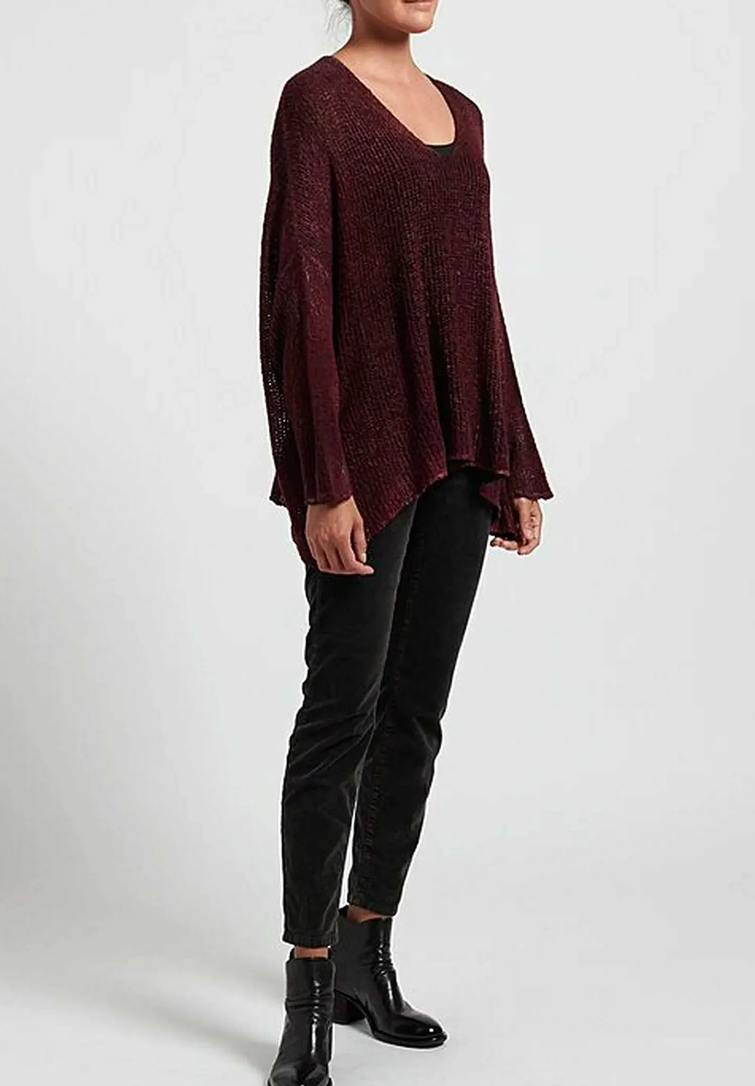 Avant Toi Hand-Painted Loose Knit V-Neck Sweater In Nero Wine Red