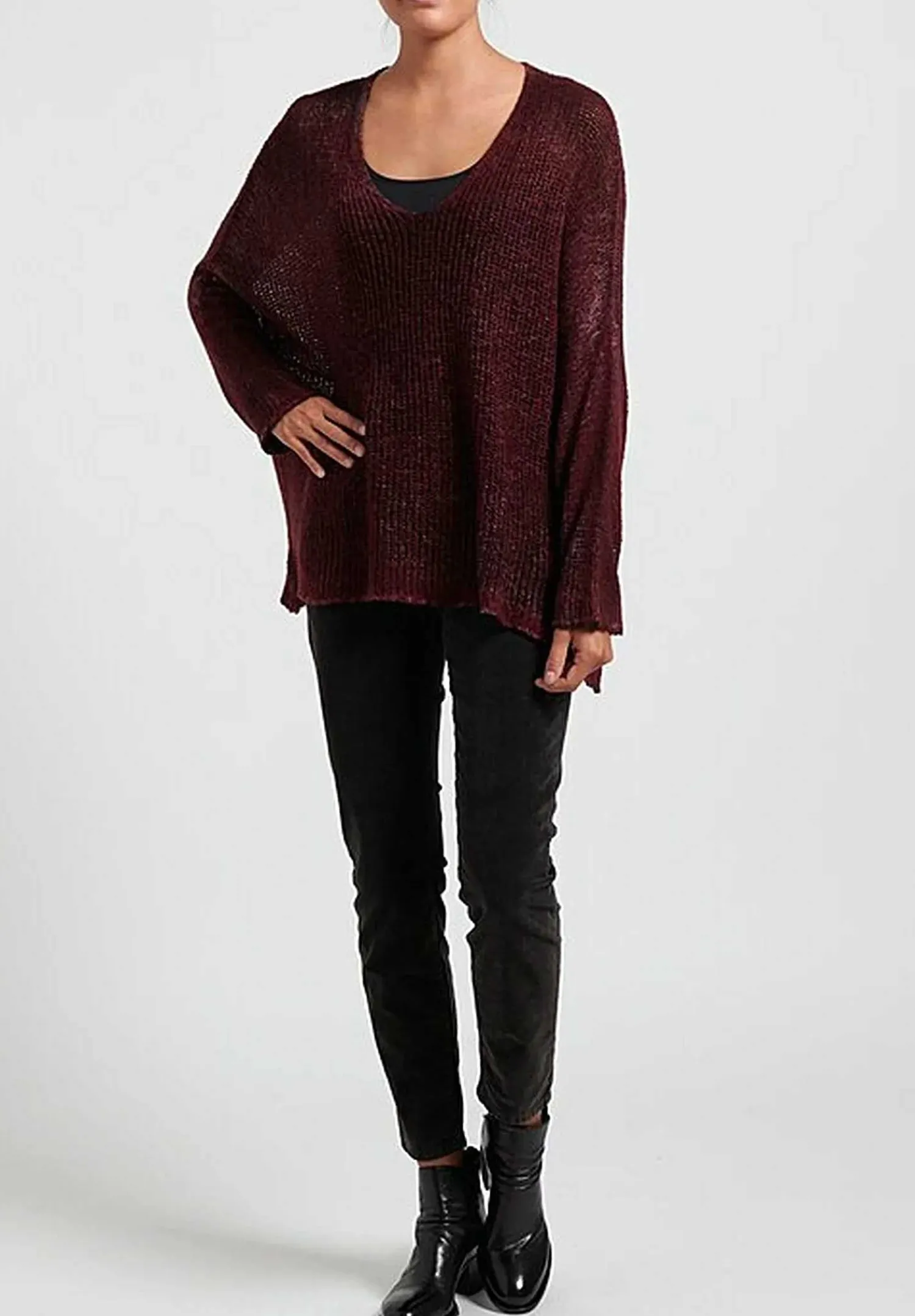Avant Toi Hand-Painted Loose Knit V-Neck Sweater In Nero Wine Red