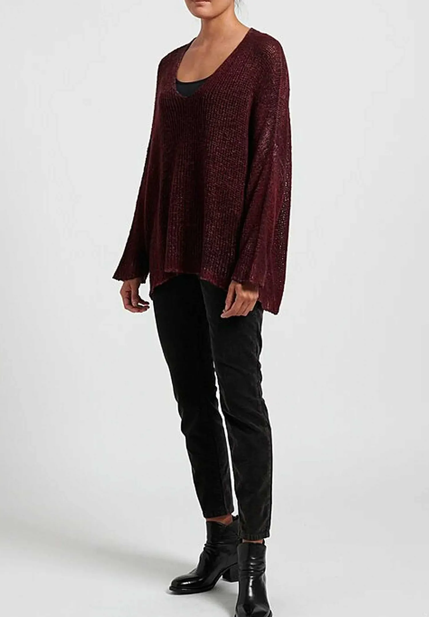 Avant Toi Hand-Painted Loose Knit V-Neck Sweater In Nero Wine Red