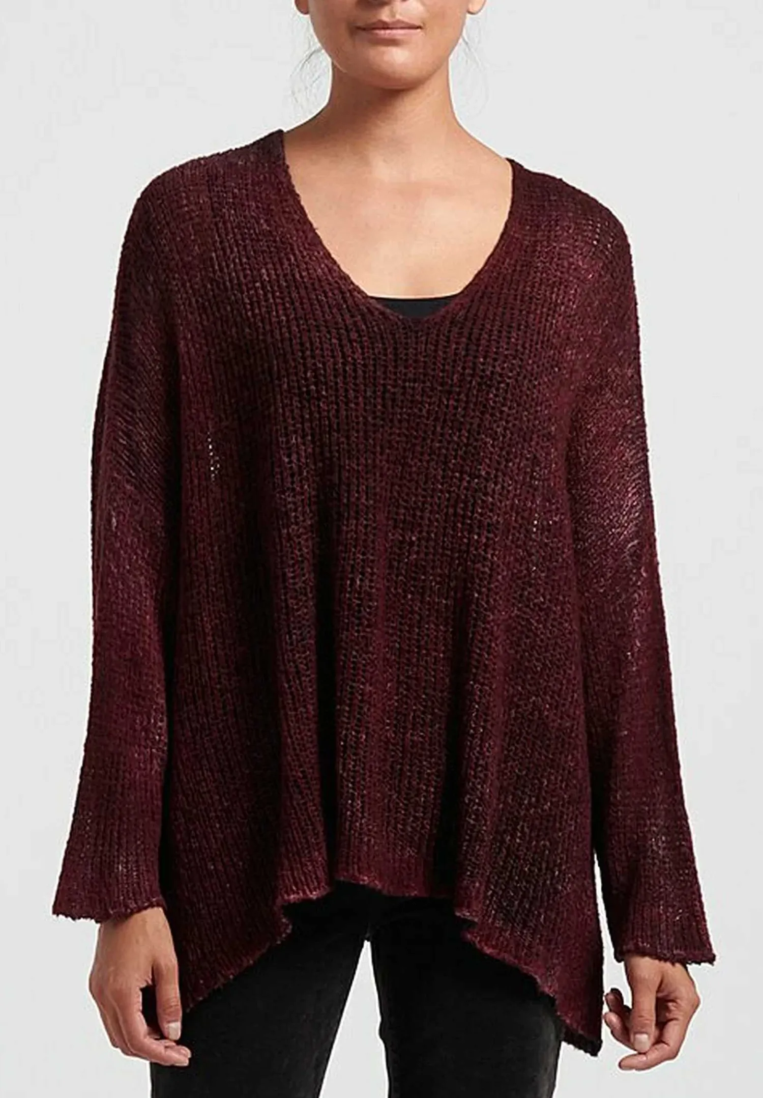 Avant Toi Hand-Painted Loose Knit V-Neck Sweater In Nero Wine Red