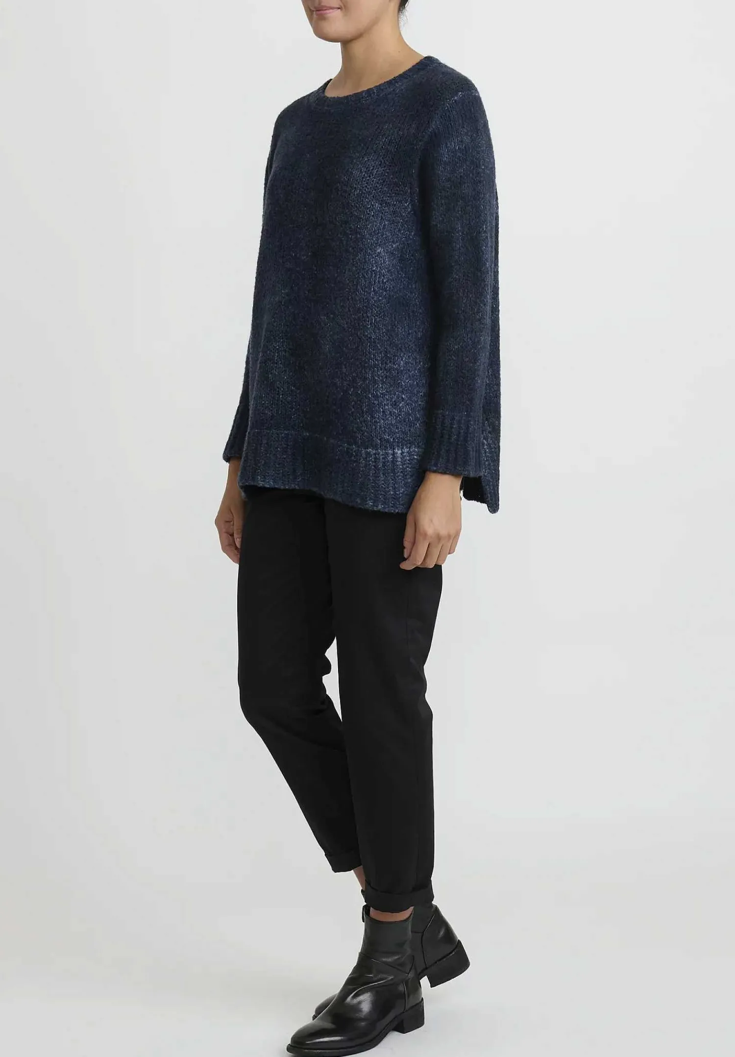 Avant Toi Hand-Painted Side Slit Sweater In Nero Lake Blue