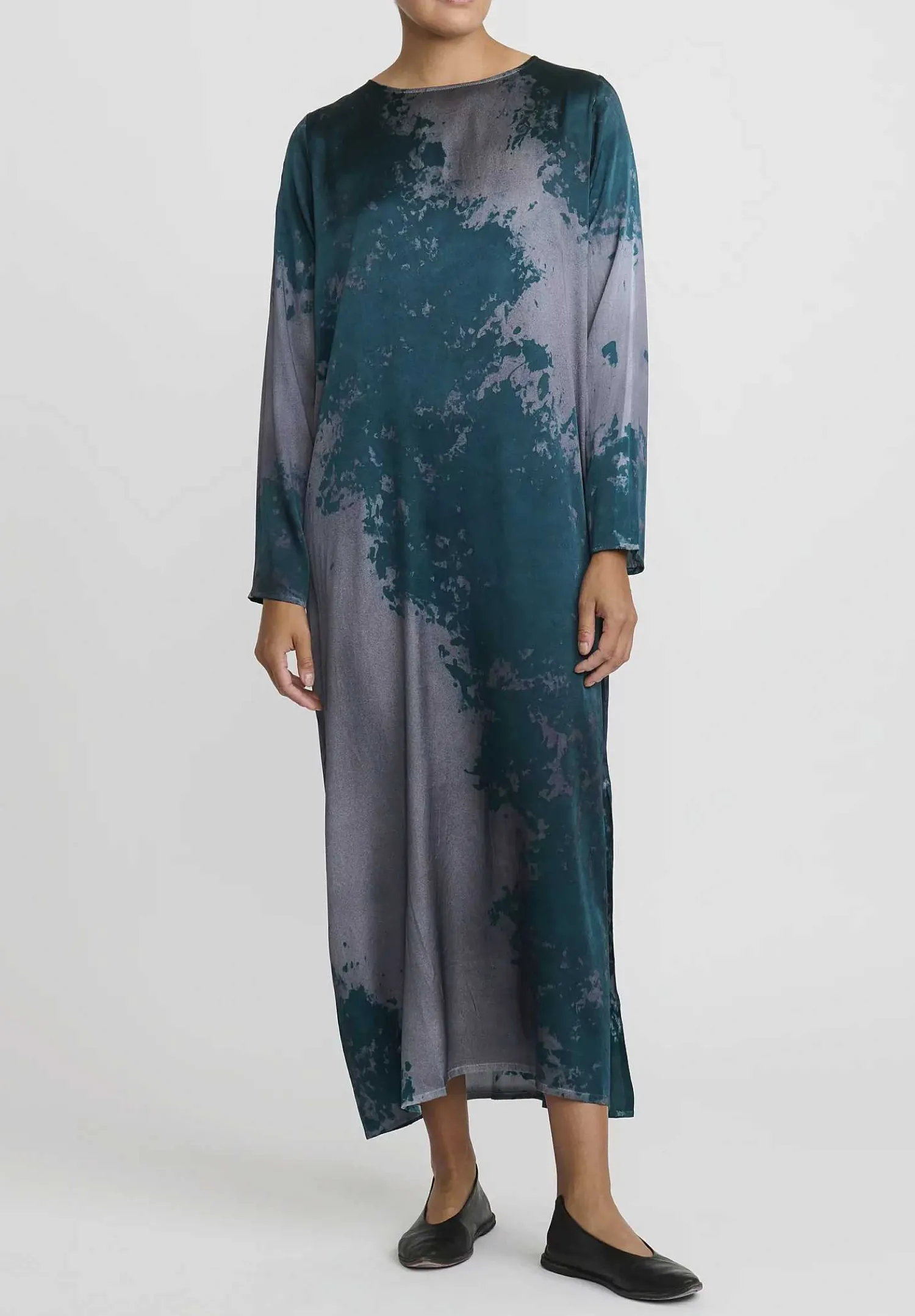 Avant Toi Hand-Painted Silk Lunga Dress In Velo Nero & Forest Green