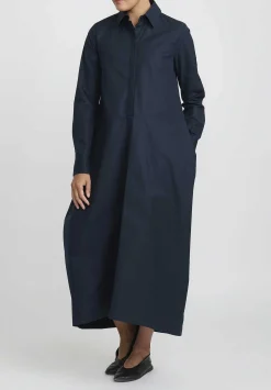 Jil Sander Heavy Organic Cotton Poplin A-Line Midi Dress In Navy Blue