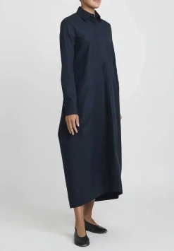 Jil Sander Heavy Organic Cotton Poplin A-Line Midi Dress In Navy Blue