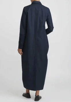 Jil Sander Heavy Organic Cotton Poplin A-Line Midi Dress In Navy Blue