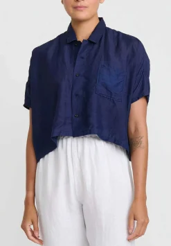 Kaval Khadi Silk Aloha Short Shirt In Indigo Blue