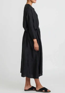 Kaval Khadi Silk Front Button Open Dress In Black