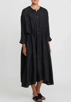 Kaval Khadi Silk Front Button Open Dress In Black