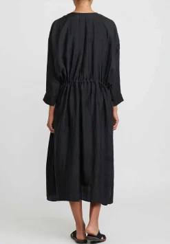 Kaval Khadi Silk Front Button Open Dress In Black