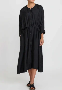 Kaval Khadi Silk Front Button Open Dress In Black