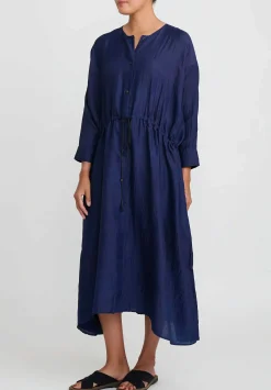 Kaval Khadi Silk Front Button Open Dress In Indigo Blue