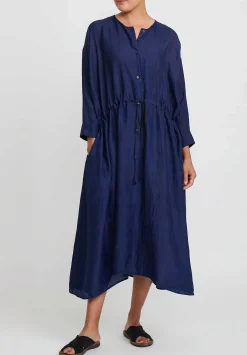 Kaval Khadi Silk Front Button Open Dress In Indigo Blue