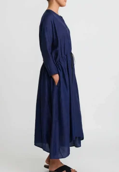 Kaval Khadi Silk Front Button Open Dress In Indigo Blue