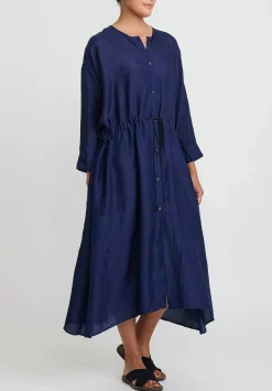 Kaval Khadi Silk Front Button Open Dress In Indigo Blue