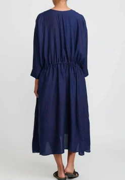 Kaval Khadi Silk Front Button Open Dress In Indigo Blue