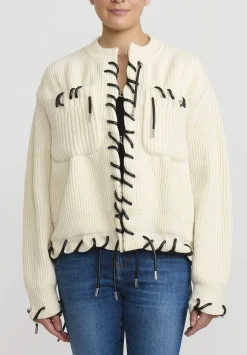 Sacai Knitted Blouson With Faux Leather Cord Threading In Off White