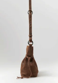 Corîu Laminato Leather Small Bucket Crossbody Bag In Raw Black & Brown