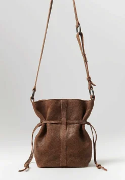 Corîu Laminato Leather Small Bucket Crossbody Bag In Raw Black & Brown