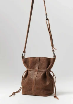 Corîu Laminato Leather Small Bucket Crossbody Bag In Raw Black & Brown