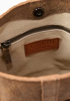 Corîu Laminato Leather Small Bucket Crossbody Bag In Raw Black & Brown