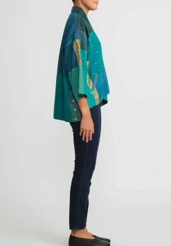 Mieko Mintz 2-Layer Cotton & Silk Mini Kimono Jacket In Turquoise, Green & Gold