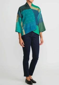 Mieko Mintz 2-Layer Cotton & Silk Mini Kimono Jacket In Turquoise, Green & Gold