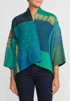 Mieko Mintz 2-Layer Cotton & Silk Mini Kimono Jacket In Turquoise, Green & Gold
