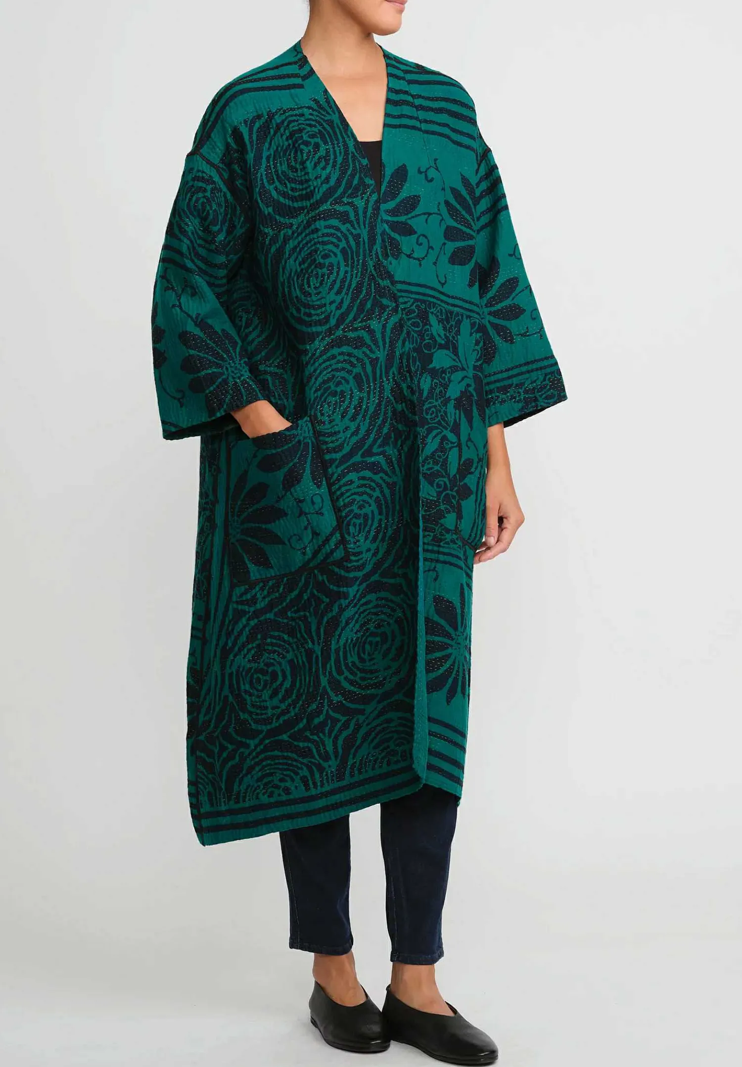 Mieko Mintz 4-Layer Vintage Cotton & Silk Duster In Emerald Green