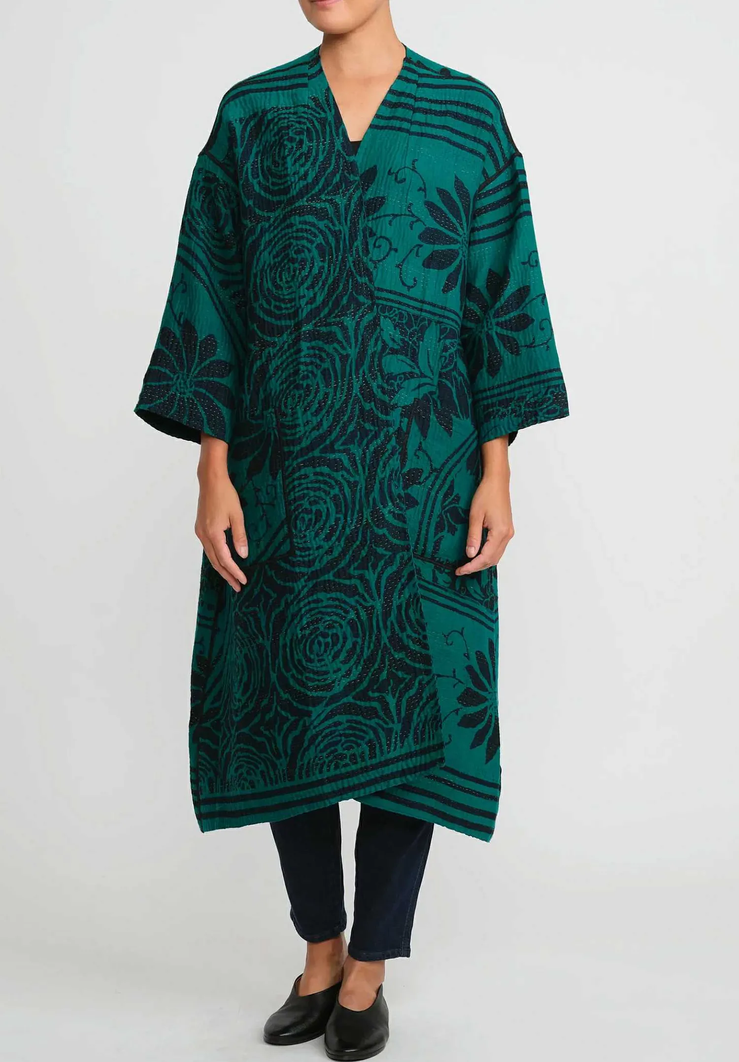 Mieko Mintz 4-Layer Vintage Cotton & Silk Duster In Emerald Green