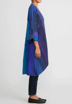 Mieko Mintz 4-Layer Vintage Cotton & Silk Wrap Flare Coat In Stripe & Chech Blue