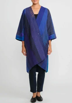 Mieko Mintz 4-Layer Vintage Cotton & Silk Wrap Flare Coat In Stripe & Chech Blue