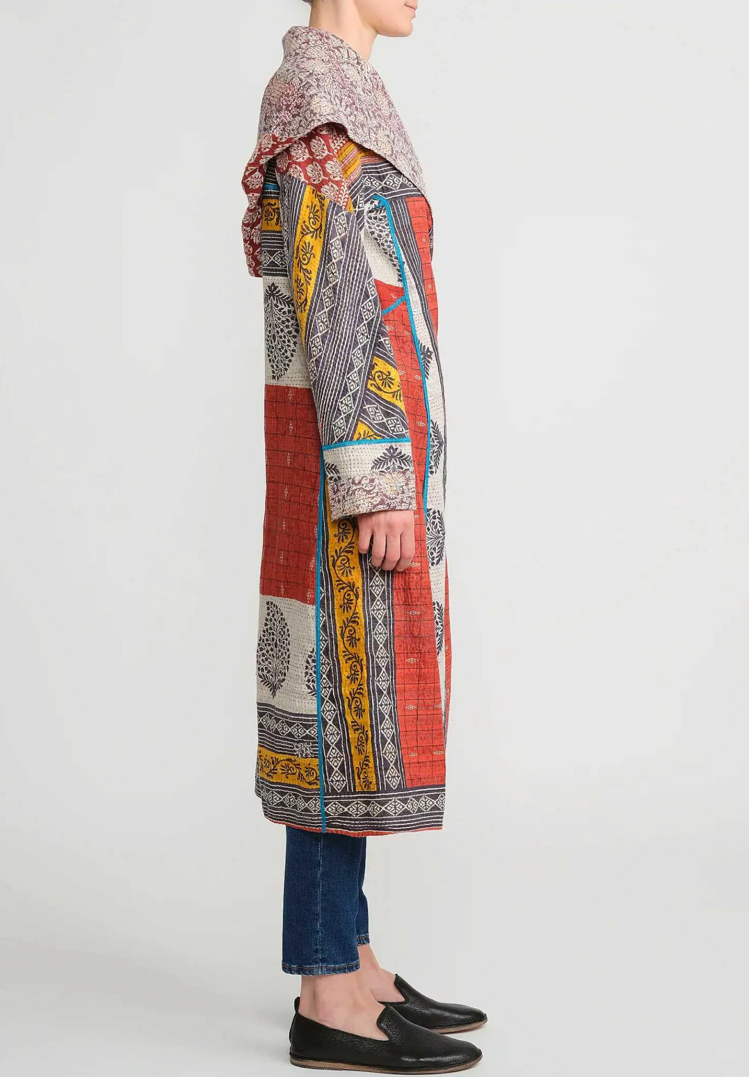 Mieko Mintz 2-Layer Vintage Cotton Hooded A-Line Coat In Red, Cream & Yellow