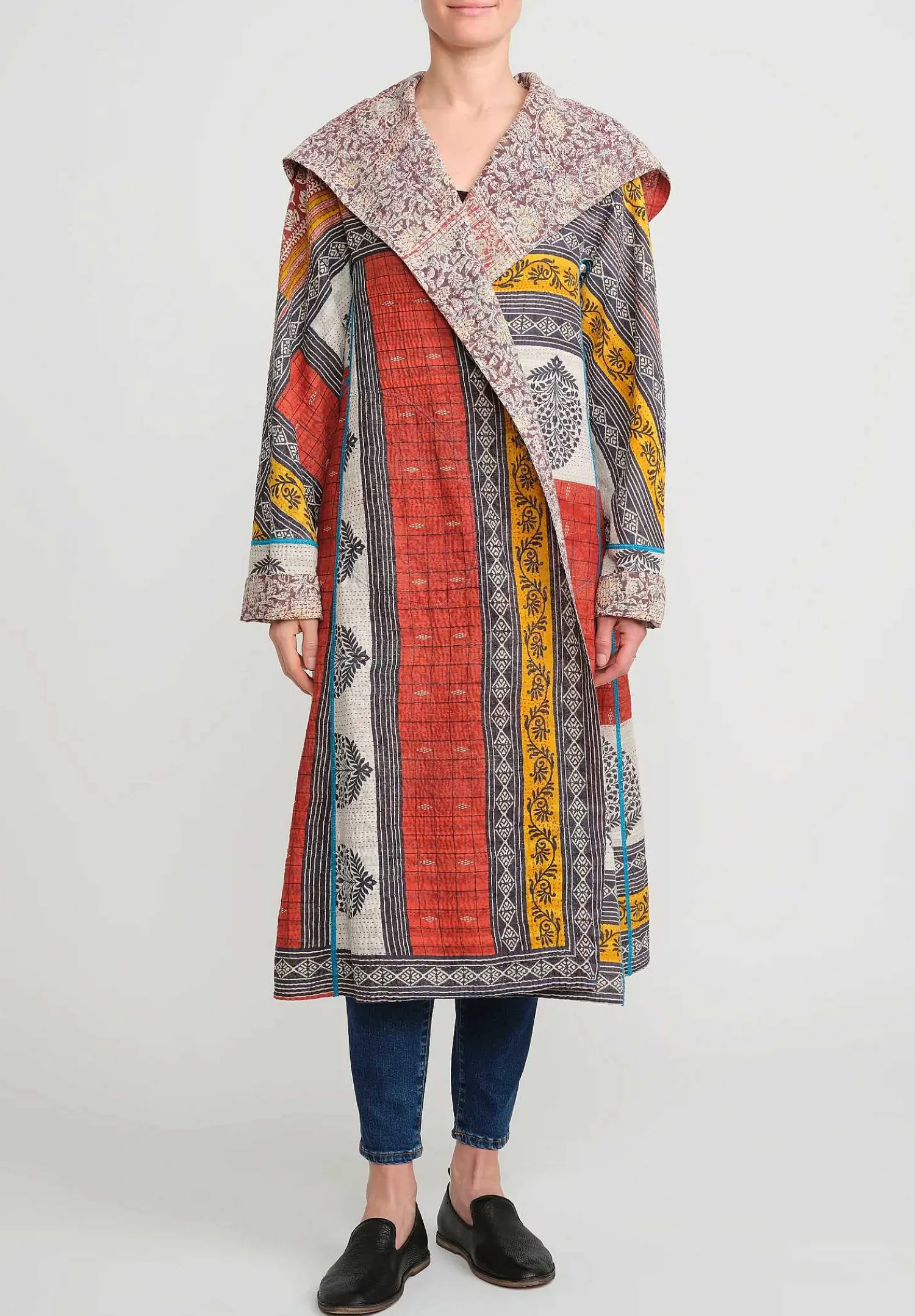 Mieko Mintz 2-Layer Vintage Cotton Hooded A-Line Coat In Red, Cream & Yellow