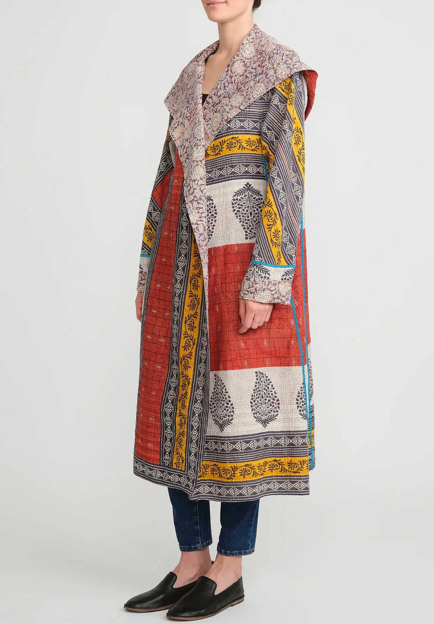 Mieko Mintz 2-Layer Vintage Cotton Hooded A-Line Coat In Red, Cream & Yellow