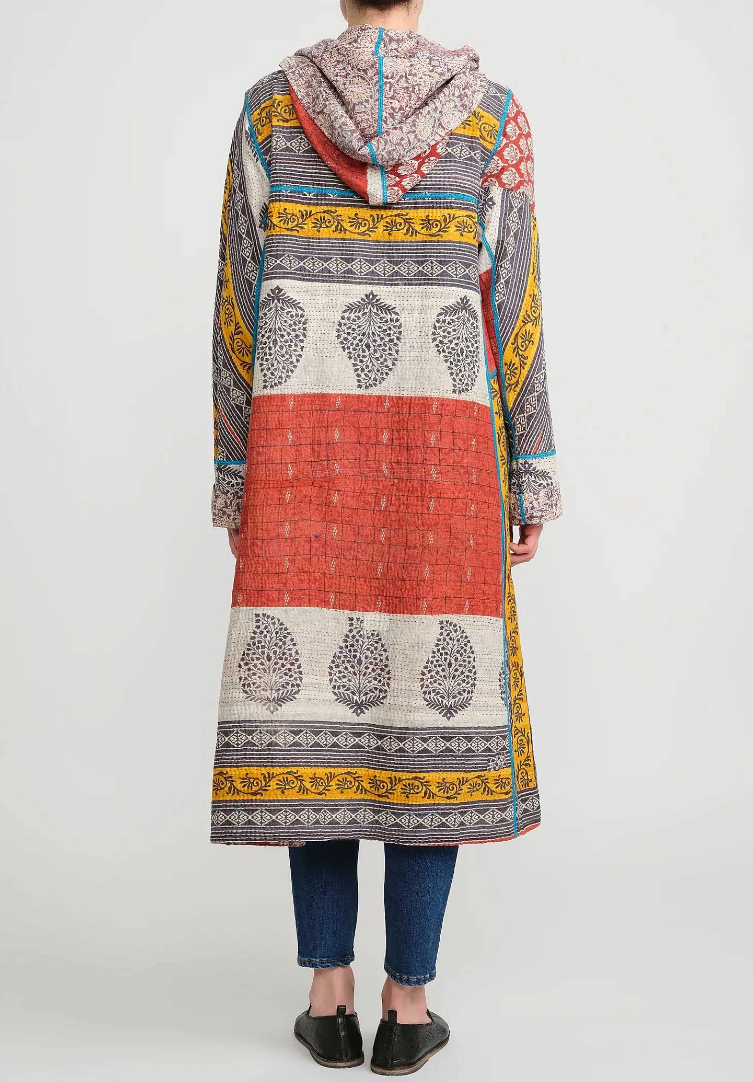 Mieko Mintz 2-Layer Vintage Cotton Hooded A-Line Coat In Red, Cream & Yellow