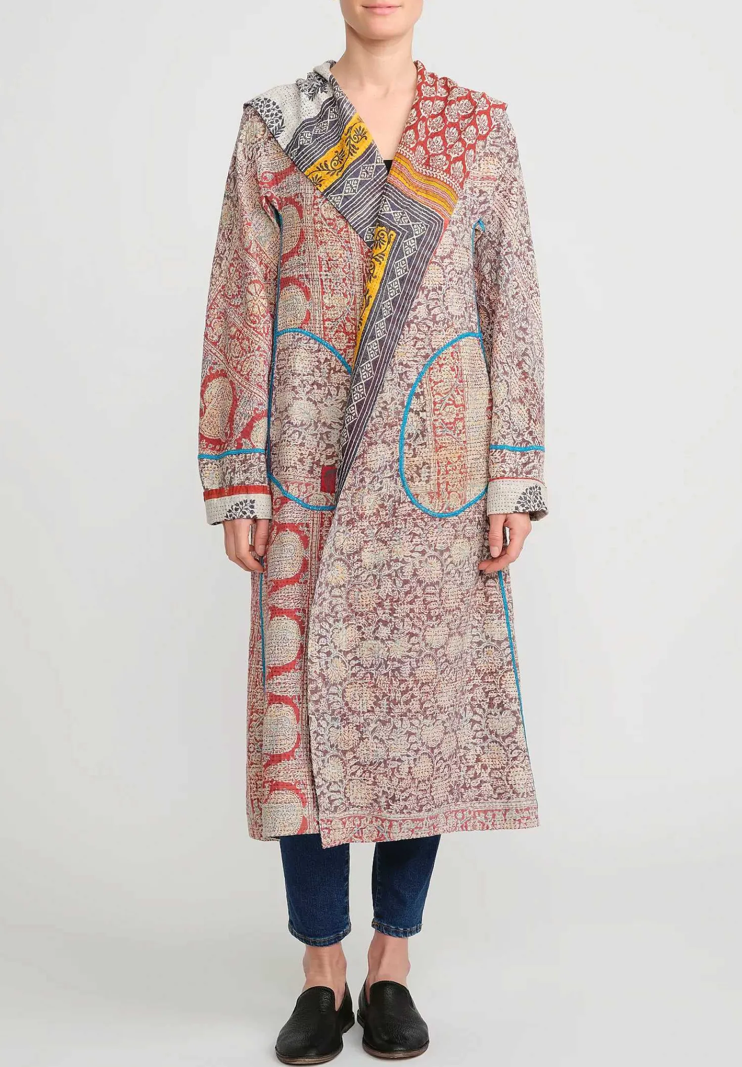 Mieko Mintz 2-Layer Vintage Cotton Hooded A-Line Coat In Red, Cream & Yellow