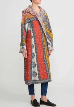 Mieko Mintz 2-Layer Vintage Cotton Hooded A-Line Coat In Red, Cream & Yellow