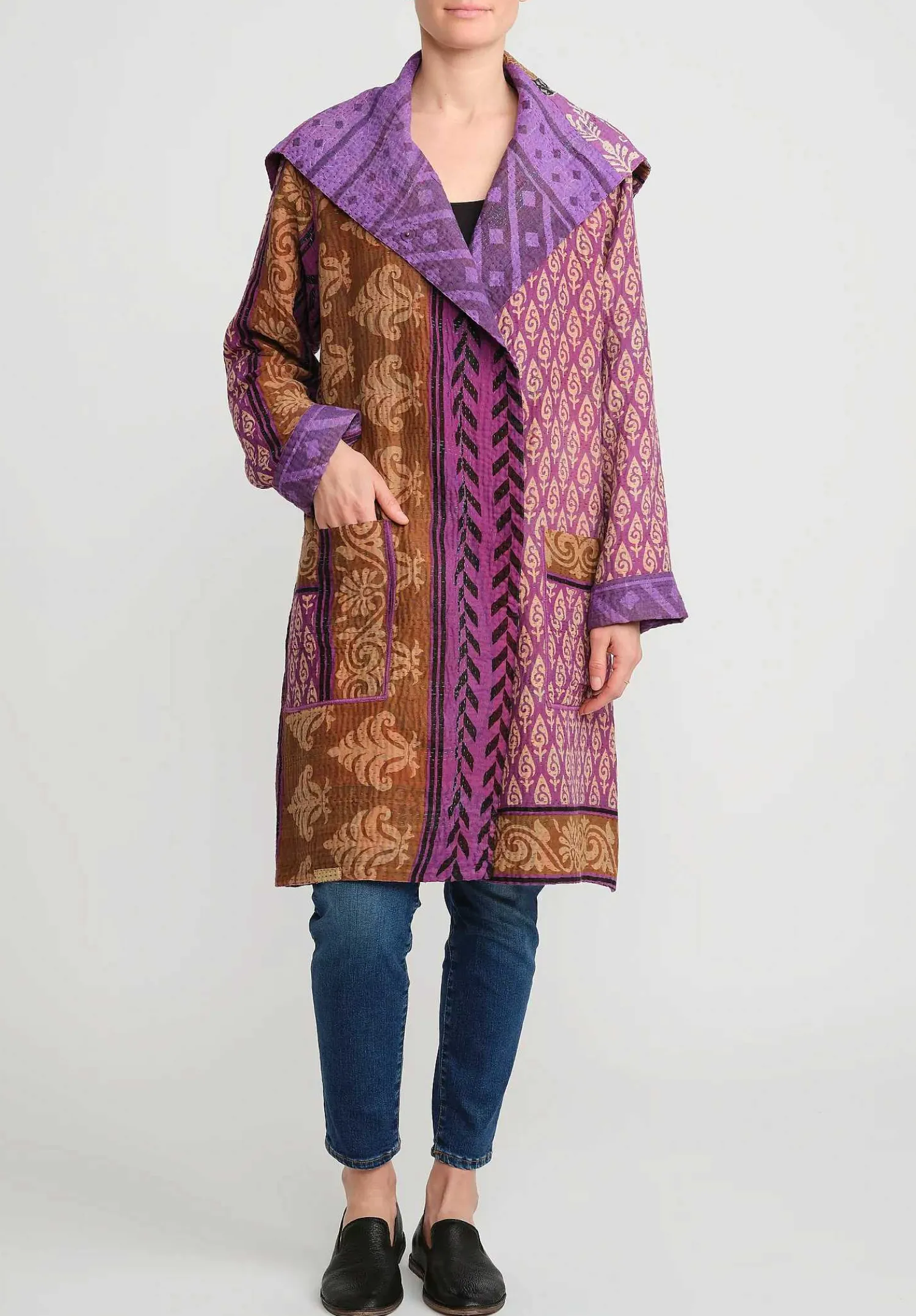 Mieko Mintz 4-Layer Vintage Cotton Medium Pocket Coat In Purple, Brown & Black