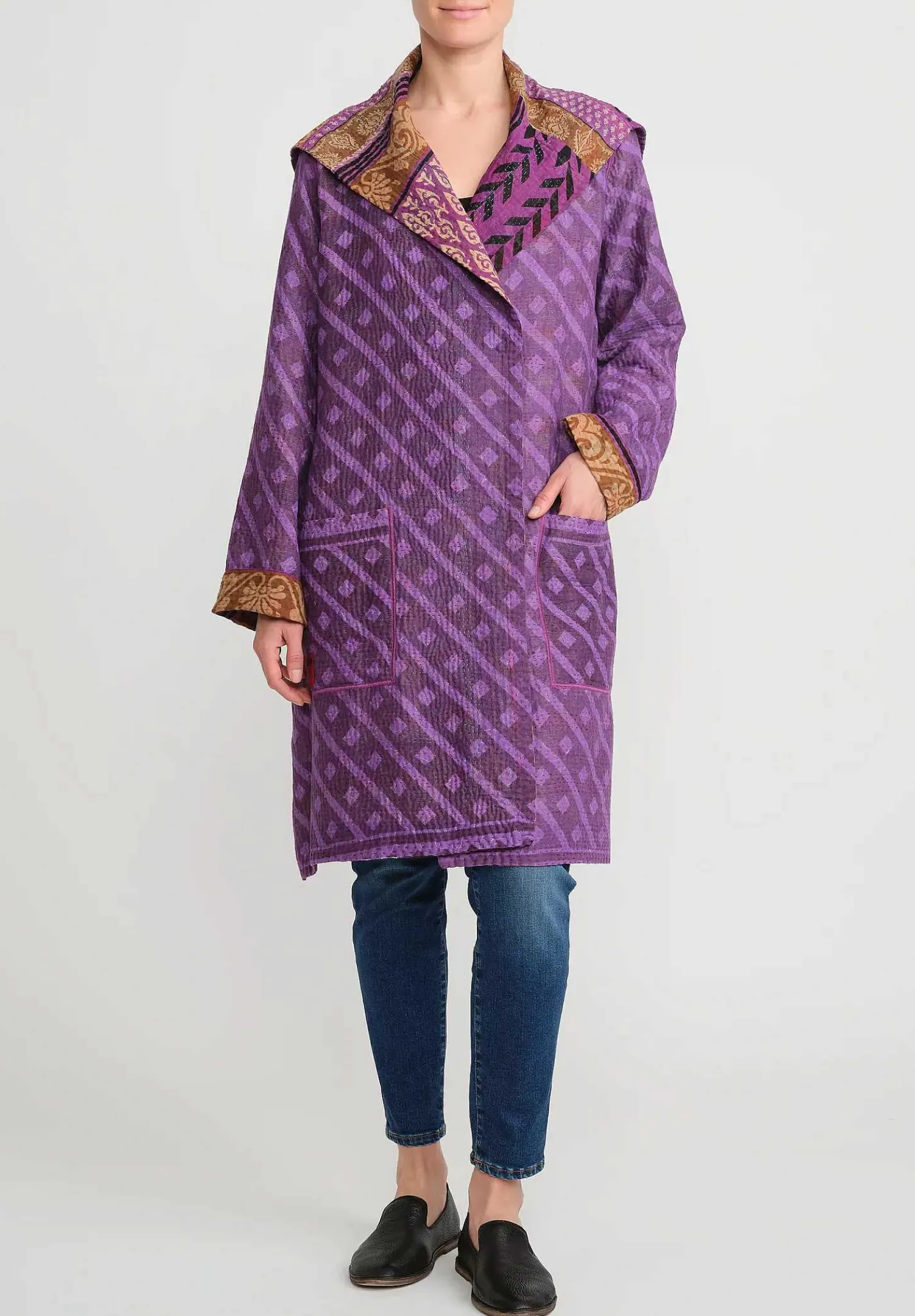 Mieko Mintz 4-Layer Vintage Cotton Medium Pocket Coat In Purple, Brown & Black
