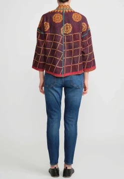 Mieko Mintz 4-Layer Vintage Cotton Stand Collar Cropped Jacket In Purple, Gold & Cream