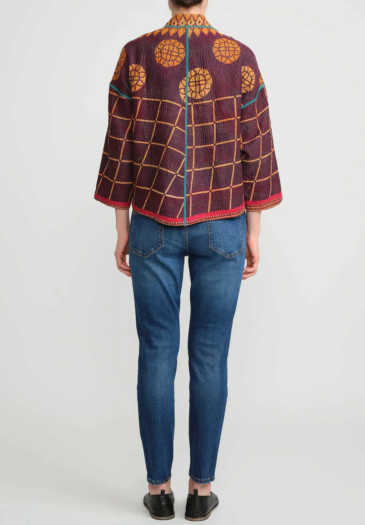 Mieko Mintz 4-Layer Vintage Cotton Stand Collar Cropped Jacket In Purple, Gold & Cream
