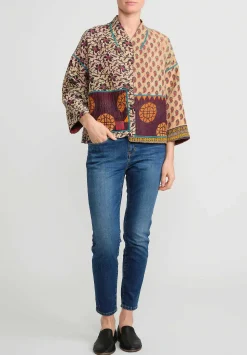 Mieko Mintz 4-Layer Vintage Cotton Stand Collar Cropped Jacket In Purple, Gold & Cream