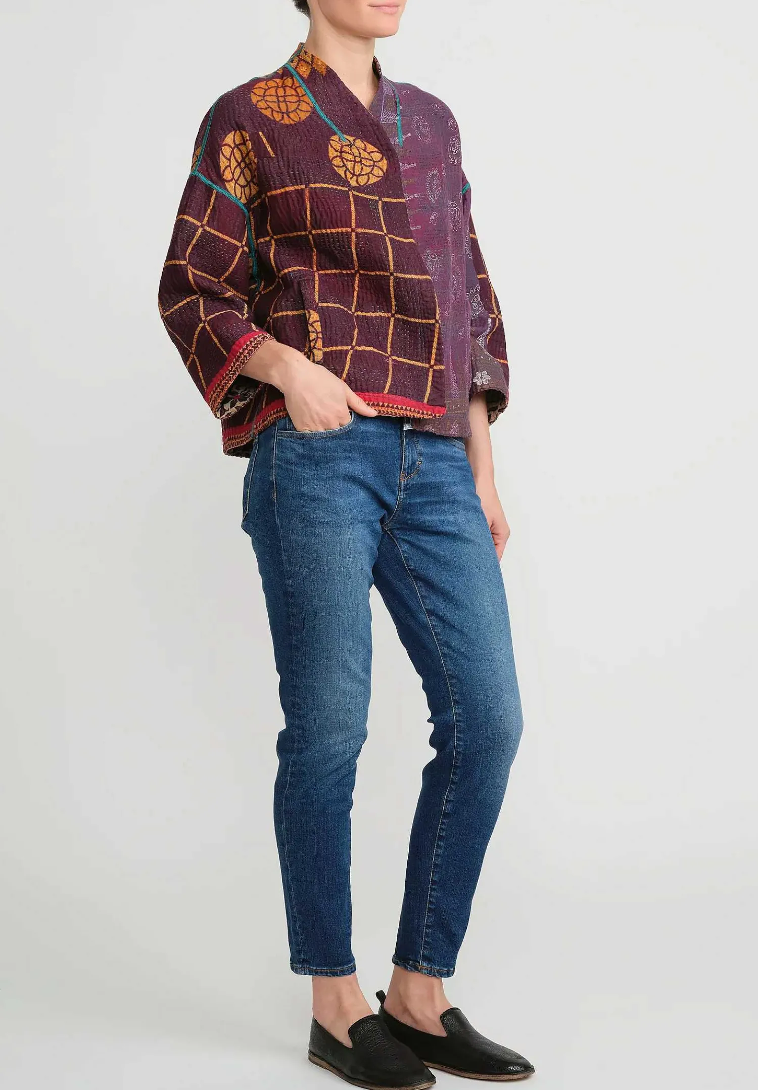 Mieko Mintz 4-Layer Vintage Cotton Stand Collar Cropped Jacket In Purple, Gold & Cream