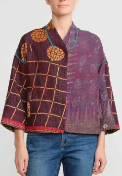 Mieko Mintz 4-Layer Vintage Cotton Stand Collar Cropped Jacket In Purple, Gold & Cream